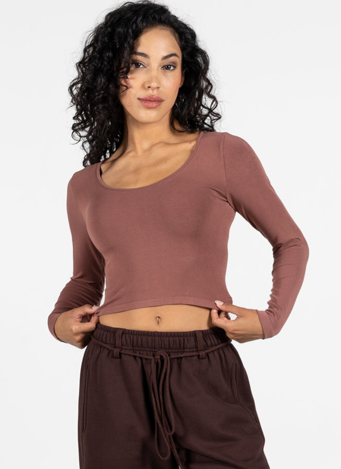 Bamboo L/S Crop Scoop Neck Top