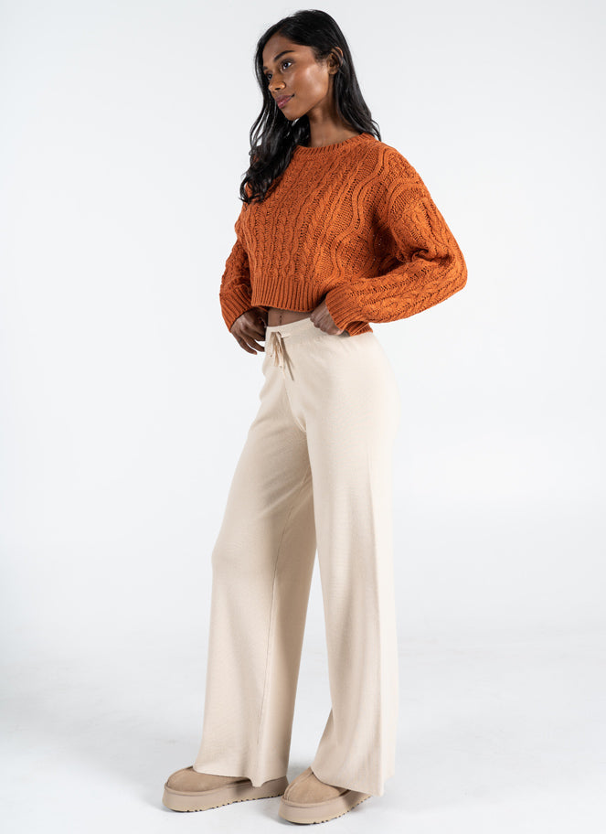 Viscose Blend Knit Tie Front Wide Leg Pant