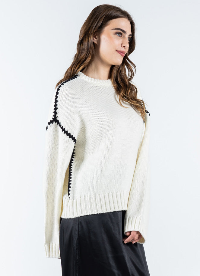 Knit Sweater W/Embroidered Contrasting Thread