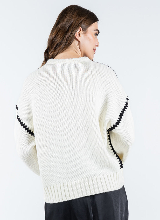 Knit Sweater W/Embroidered Contrasting Thread